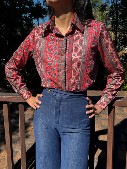 1970s Striped Paisley Button Up Top