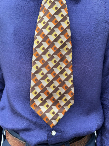 1970s Deadstock Brown and Orange Op Art Tie by Oleg Cassini