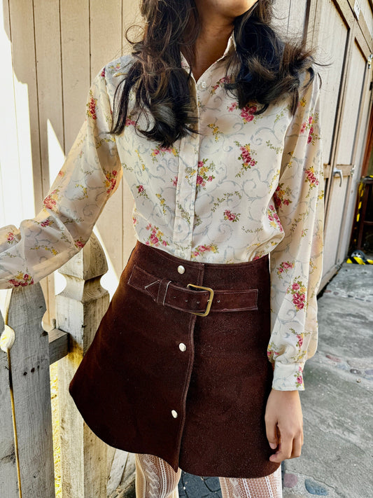 1970s French Floral Ivory Button Up Top