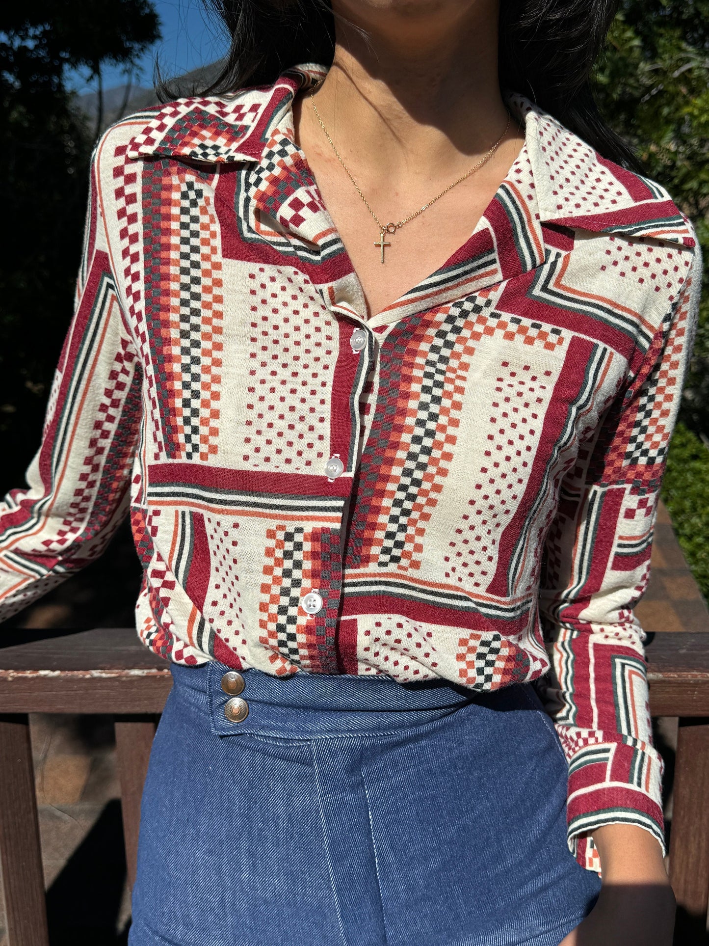 1970s Abstract Geometric Squares Button Up Top