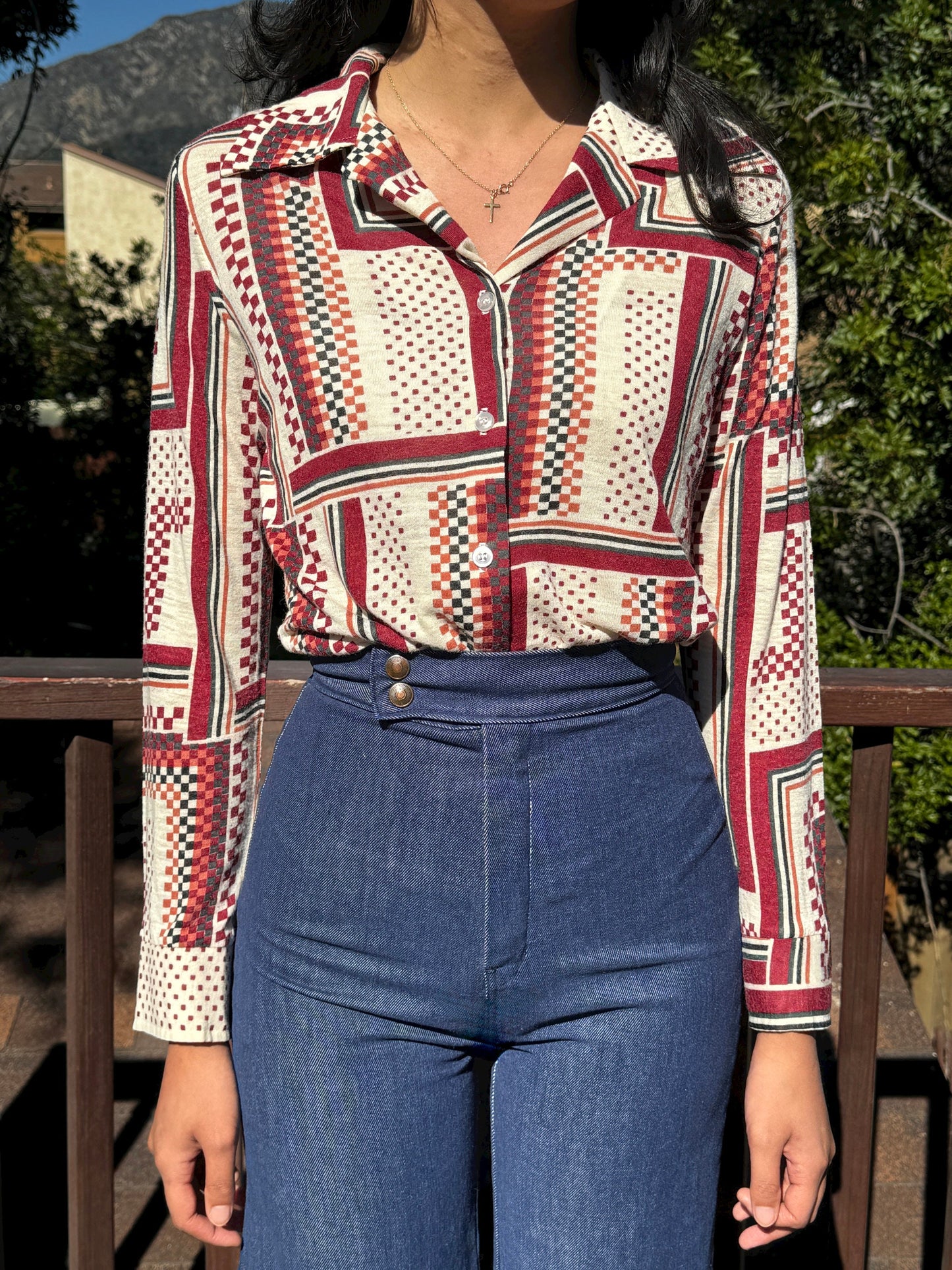 1970s Abstract Geometric Squares Button Up Top