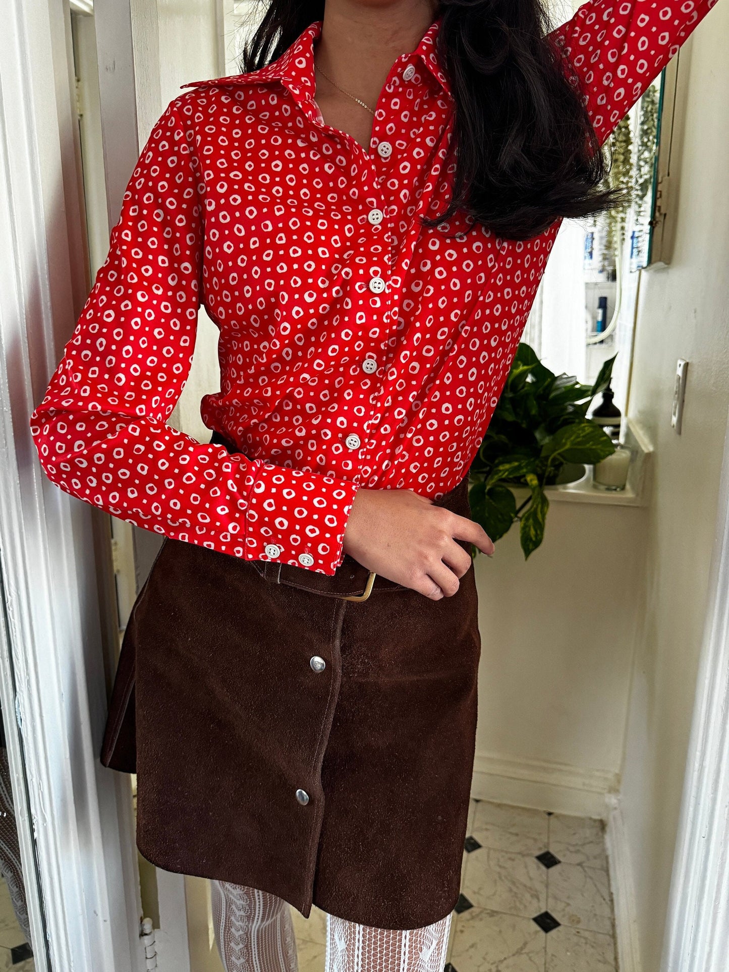 1970s Cherry Red and White Abstract Polka Dot Button Up Top