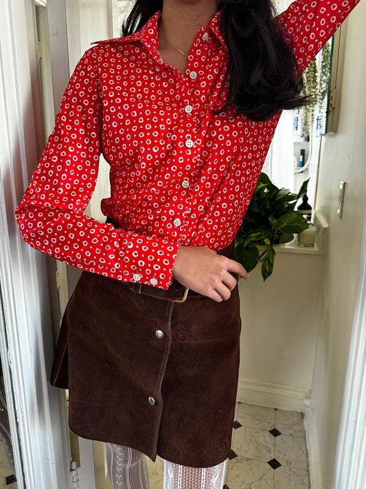 1970s Cherry Red and White Abstract Polka Dot Button Up Top