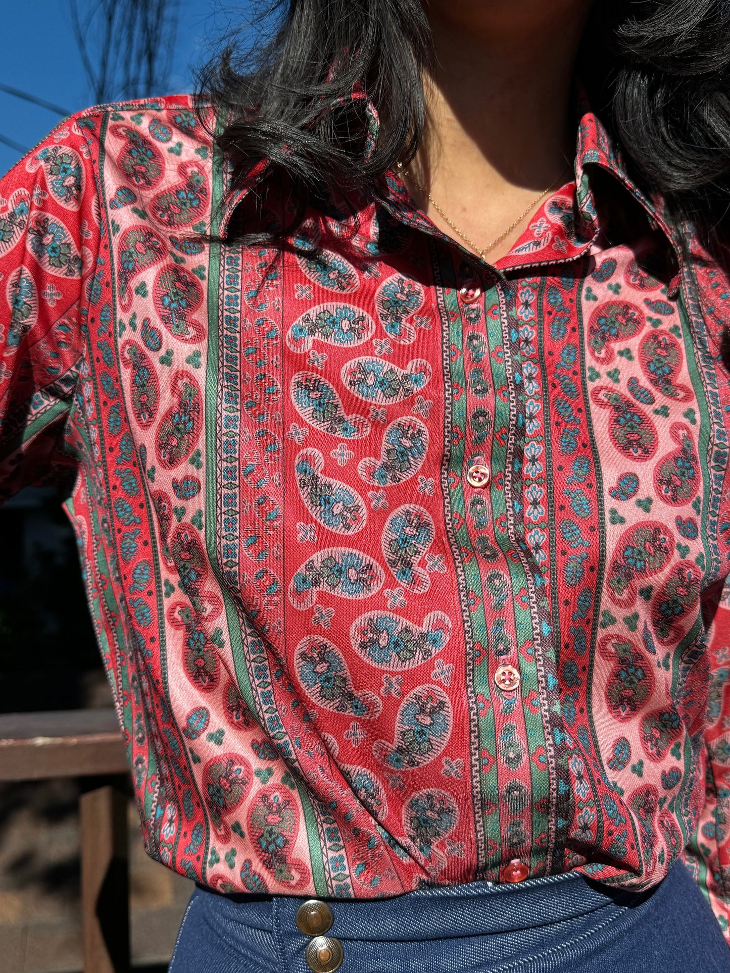 1970s Striped Paisley Button Up Top