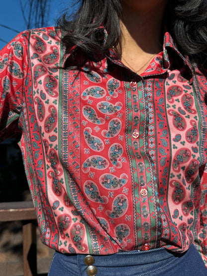 1970s Striped Paisley Button Up Top