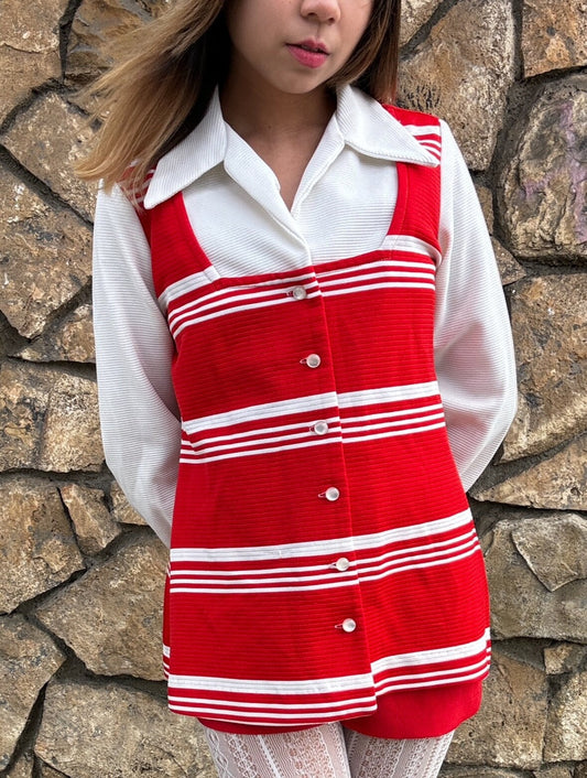 1970s Red and White Big Collar Striped Polyester Top